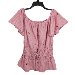 {Kontrol Contemporary} Women's Striped Red Rose Embroidered Peasant Blouse